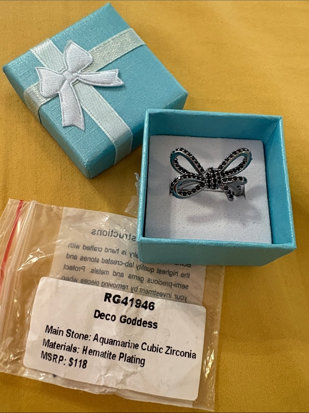 Deco Goddess Hematite Bow Ring with Aquamarine Cubic Zirconia - Blue